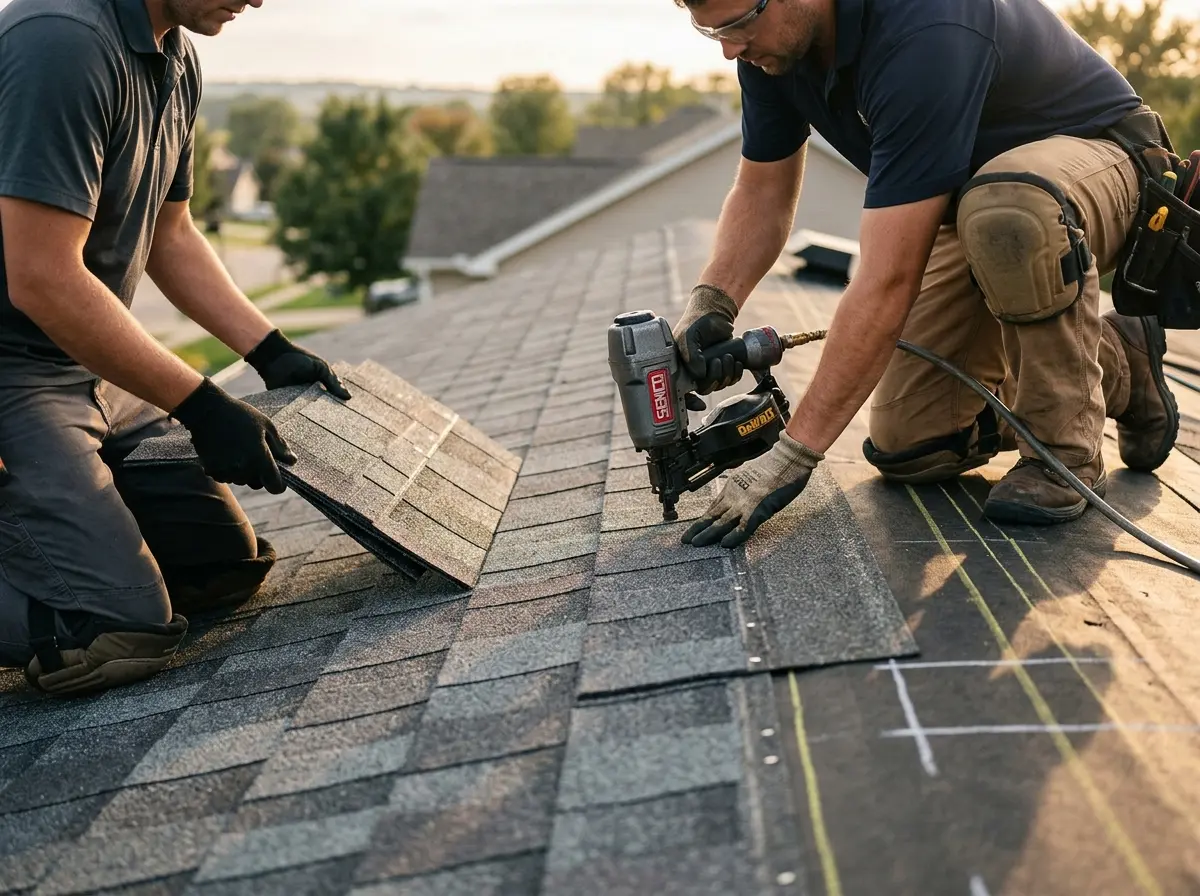 Professional roofer working on a residential roof in Kittery